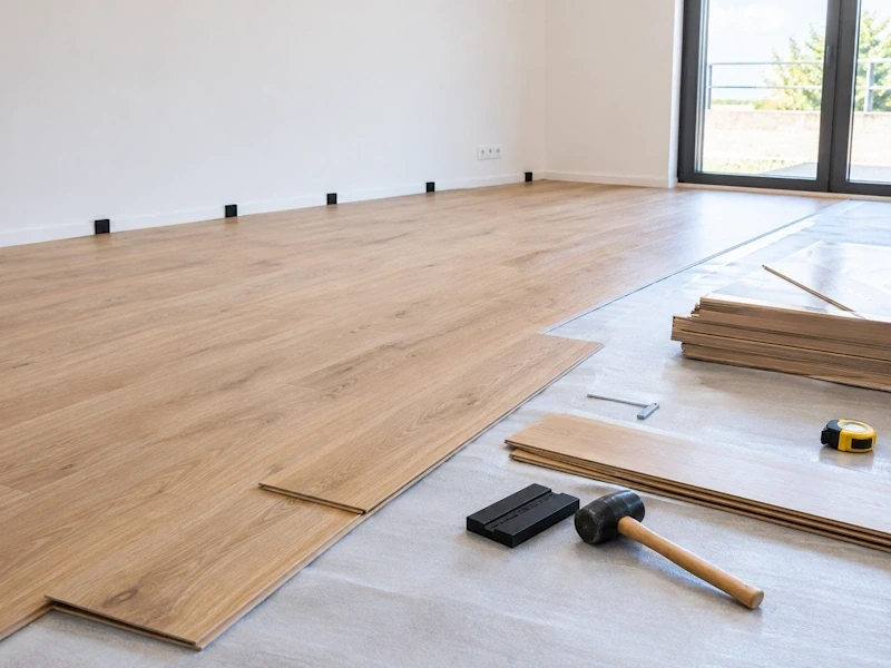 Pose de parquet flottant dans un séjour